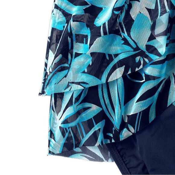 Land's End 1 Piece Bandeau high leg mesh Fauxkini Navy Graphic Floral Print Var - Picture 6 of 11